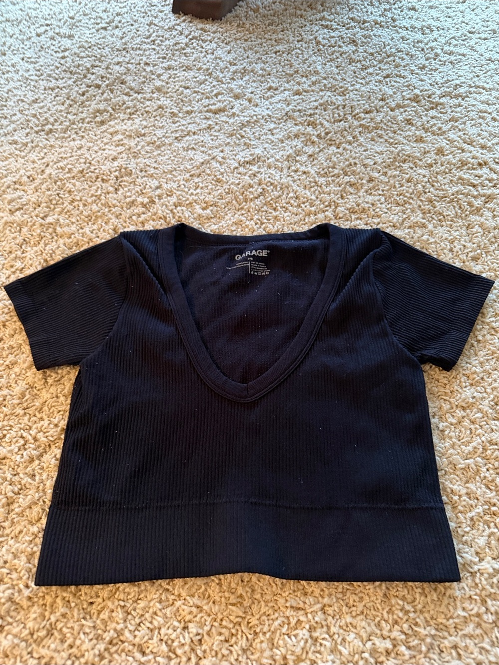 Garage Black Ribbed V-Neck Short Sleeve Crop Top